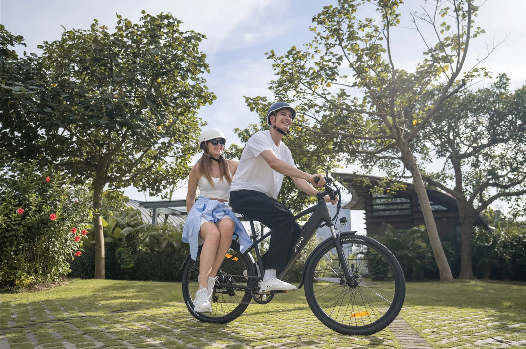 DYU C5 city e-bike brake pad wear guide on a park path