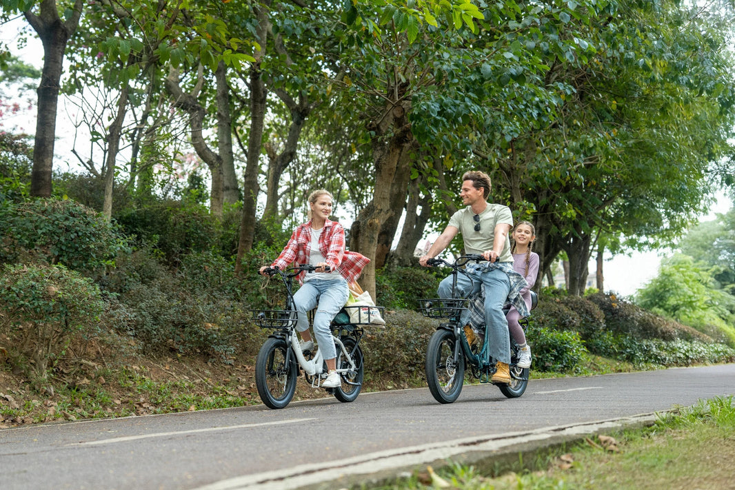 DYU C9 long range folding e-bike riding on a weekend forest path