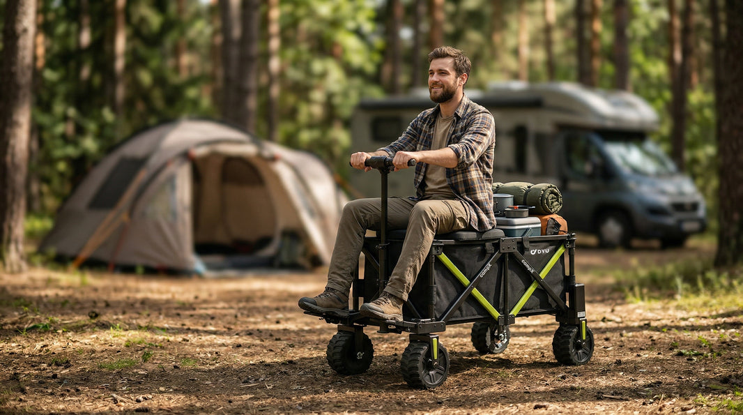 DYU campX electric wagon loaded for a balanced forest campsite haul