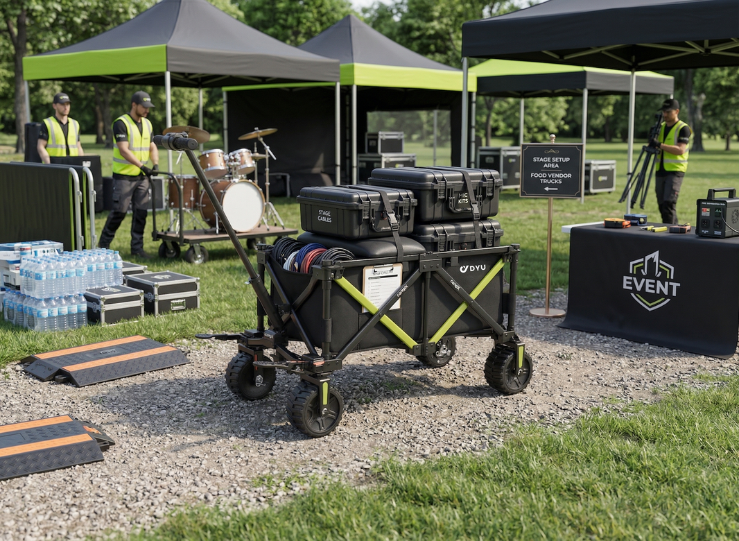 DYU campX electric wagon outdoor event guide setup scene