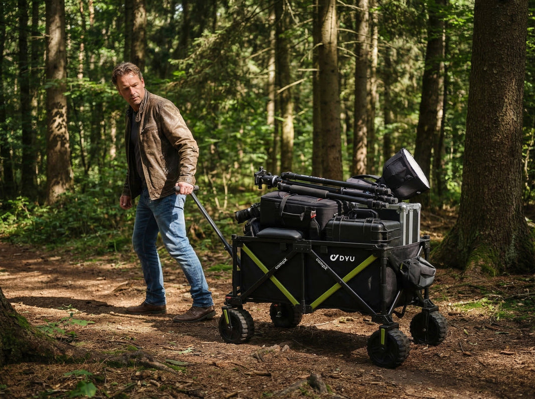 DYU campX electric wagon prepared beside a vehicle for an electric wagon tailgate loading guide