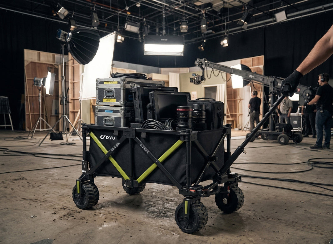 DYU campX electric wagon carrying studio gear for an equipment setup