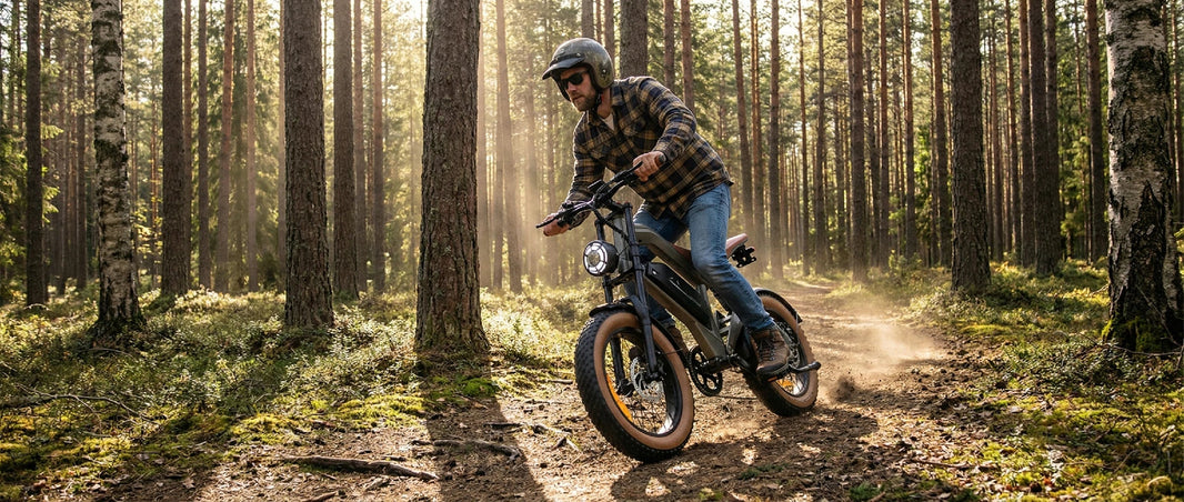 DYU M20 fat-tire e-bike on a forest trail for sand and gravel riding