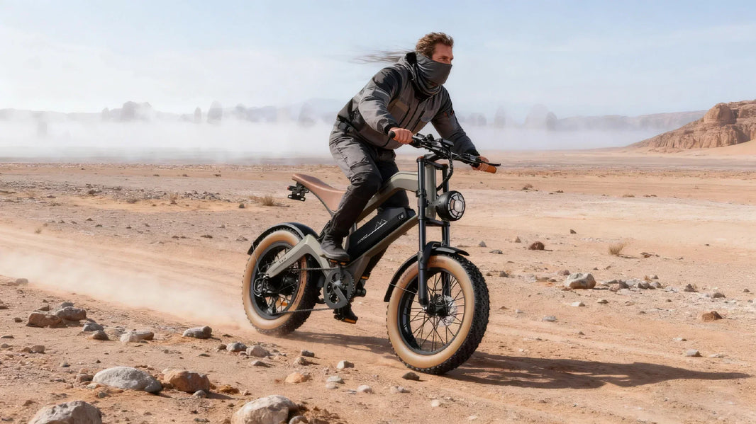 Riding the DYU M20 fat-tire e-bike on a desert trail