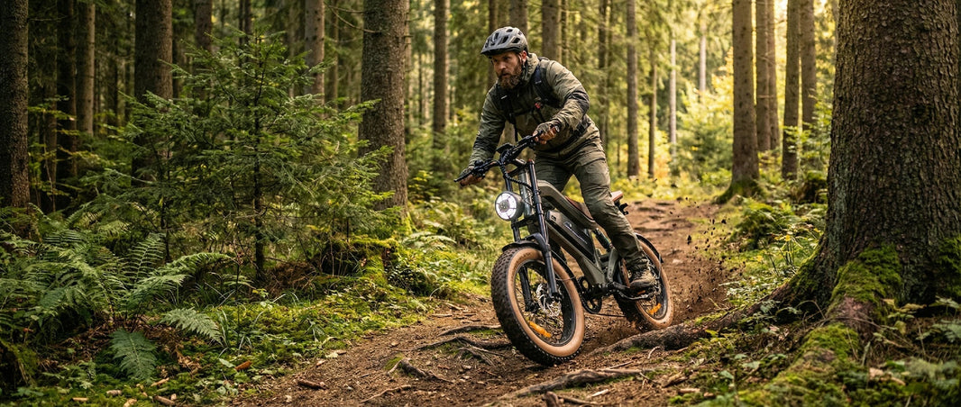 DYU M20 fat tire e-bike on a forest path for turnaround point guide