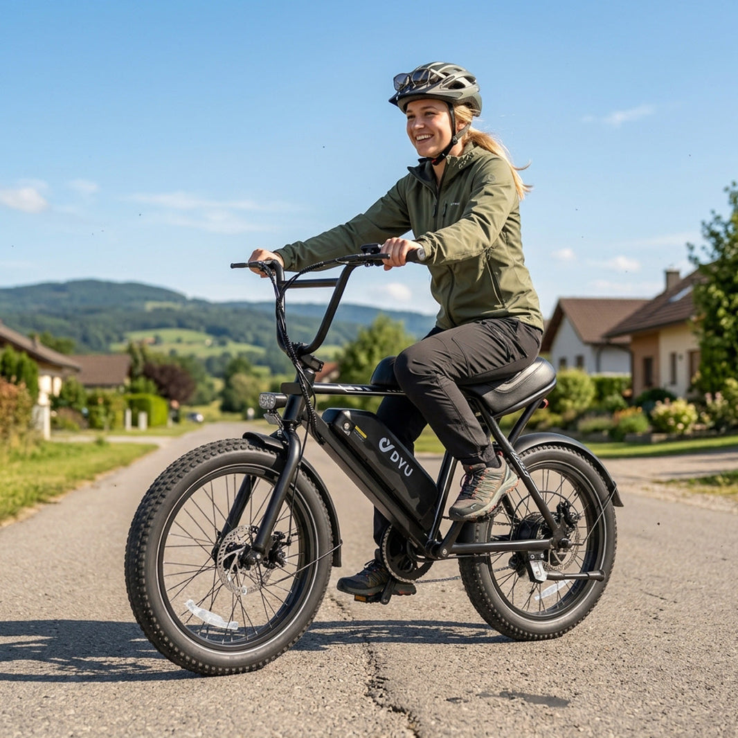 DYU UX BMX fat tire e-bike review on a suburban road