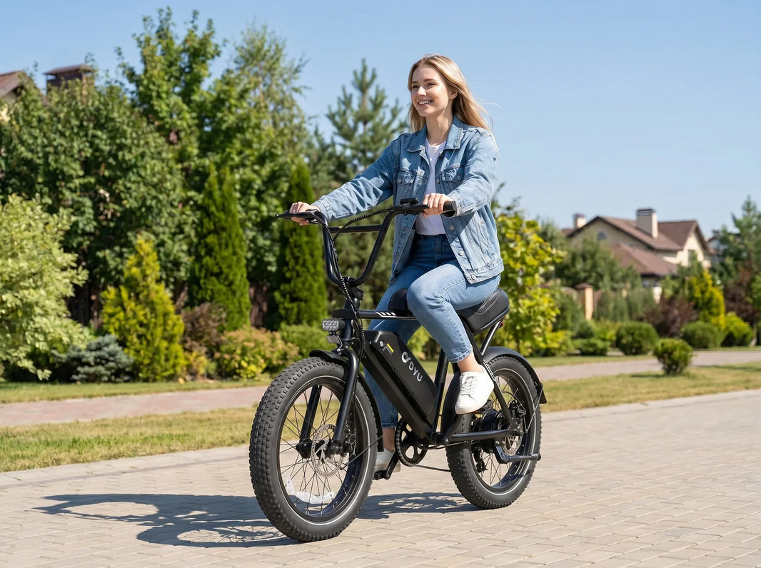 DYU UX BMX e-bike brake and tire check on a suburban path